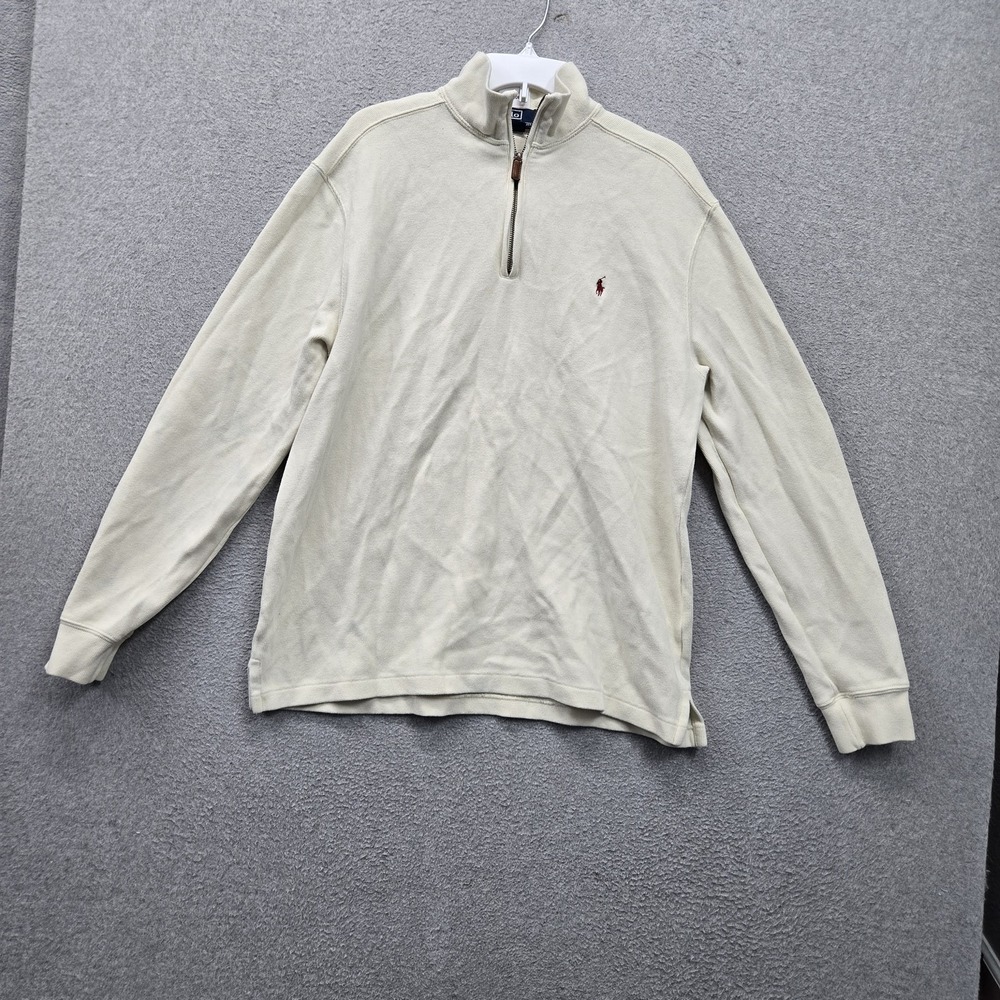 VINTAGE Polo Ralph Lauren Men Sweater L Cream Embroidered Quarter Zip Logo